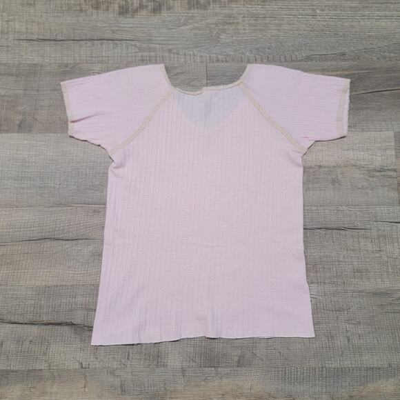 Vintage Wool Blend Baby Tee Short Sleeve Pink Bow Lacey Cottagecore Coquette Top - Picture 2 of 6